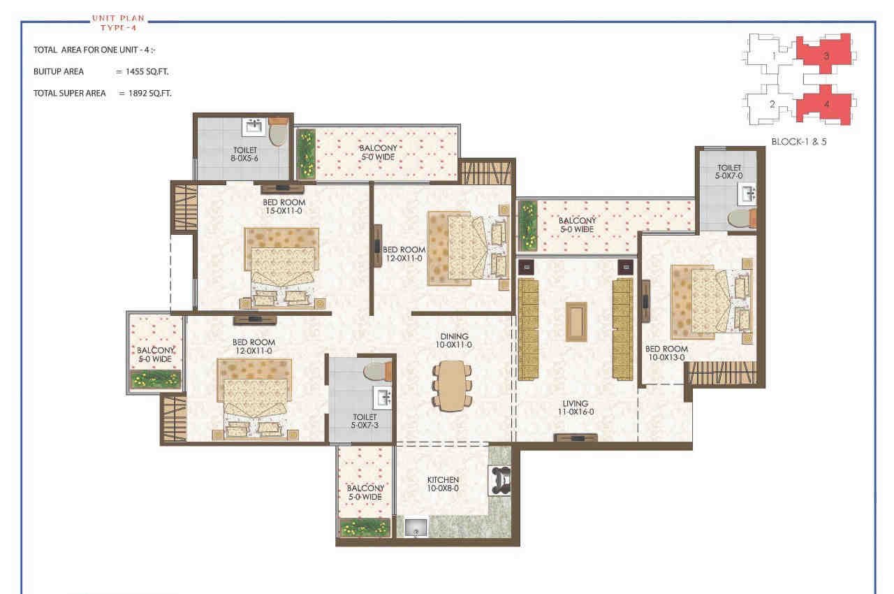 4 BHK floor plan, Trident Embassy Reso