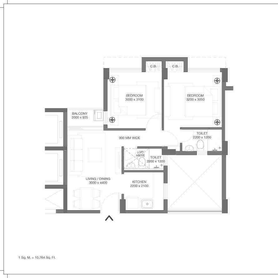 2 BHK floor plan, Godrej Seven