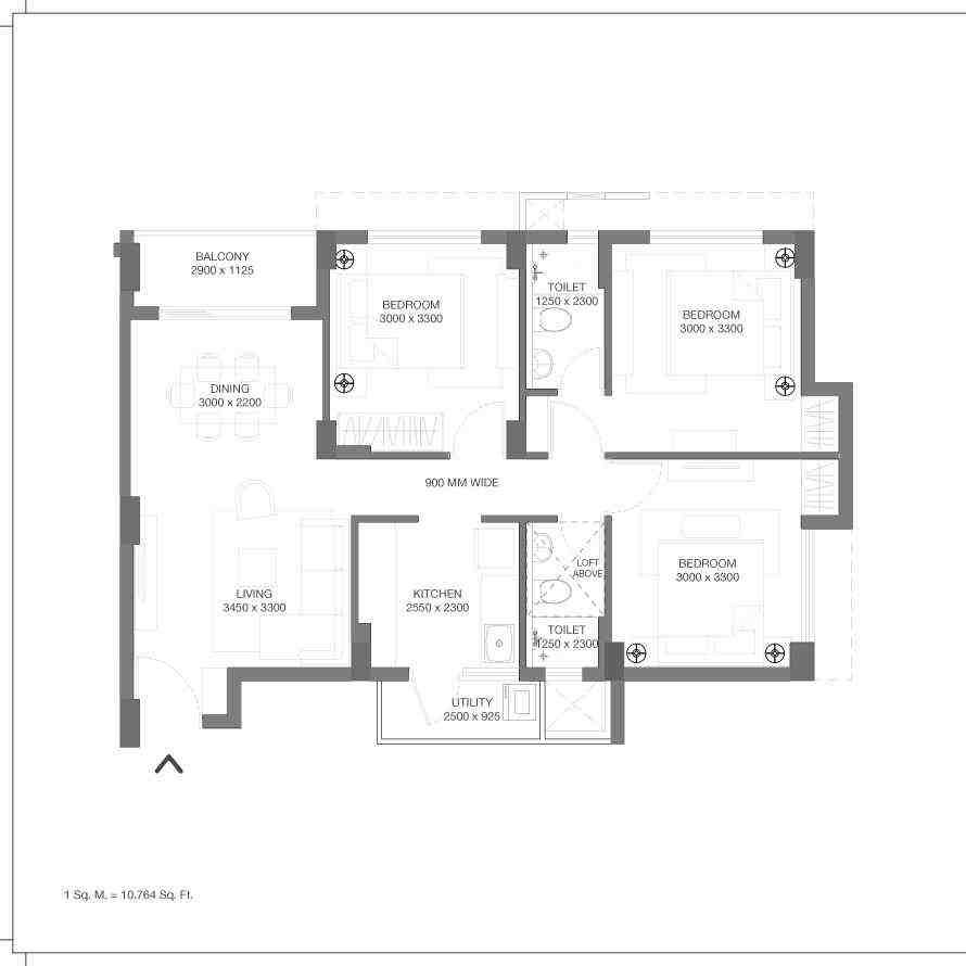 3 BHK floor plan, Godrej Seven