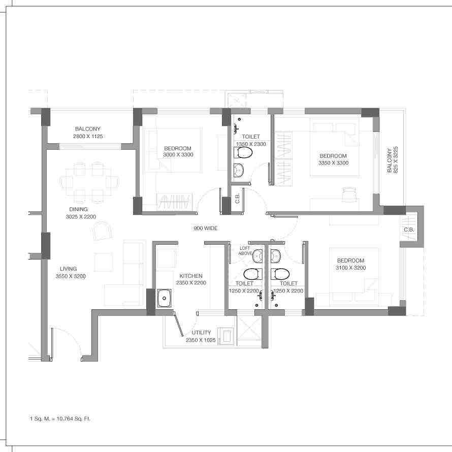 3 BHK floor plan, Godrej Seven