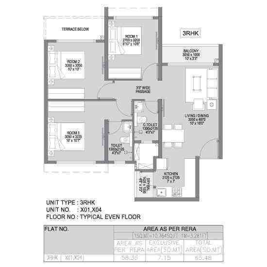 3 BHK floor plan, Godrej Forest Grove