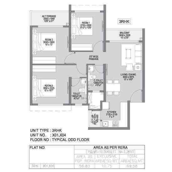 3 BHK floor plan, Godrej Forest Grove