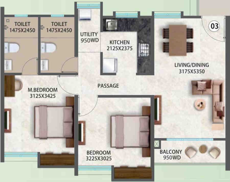 2 BHK floor plan, Megapolis Serenity