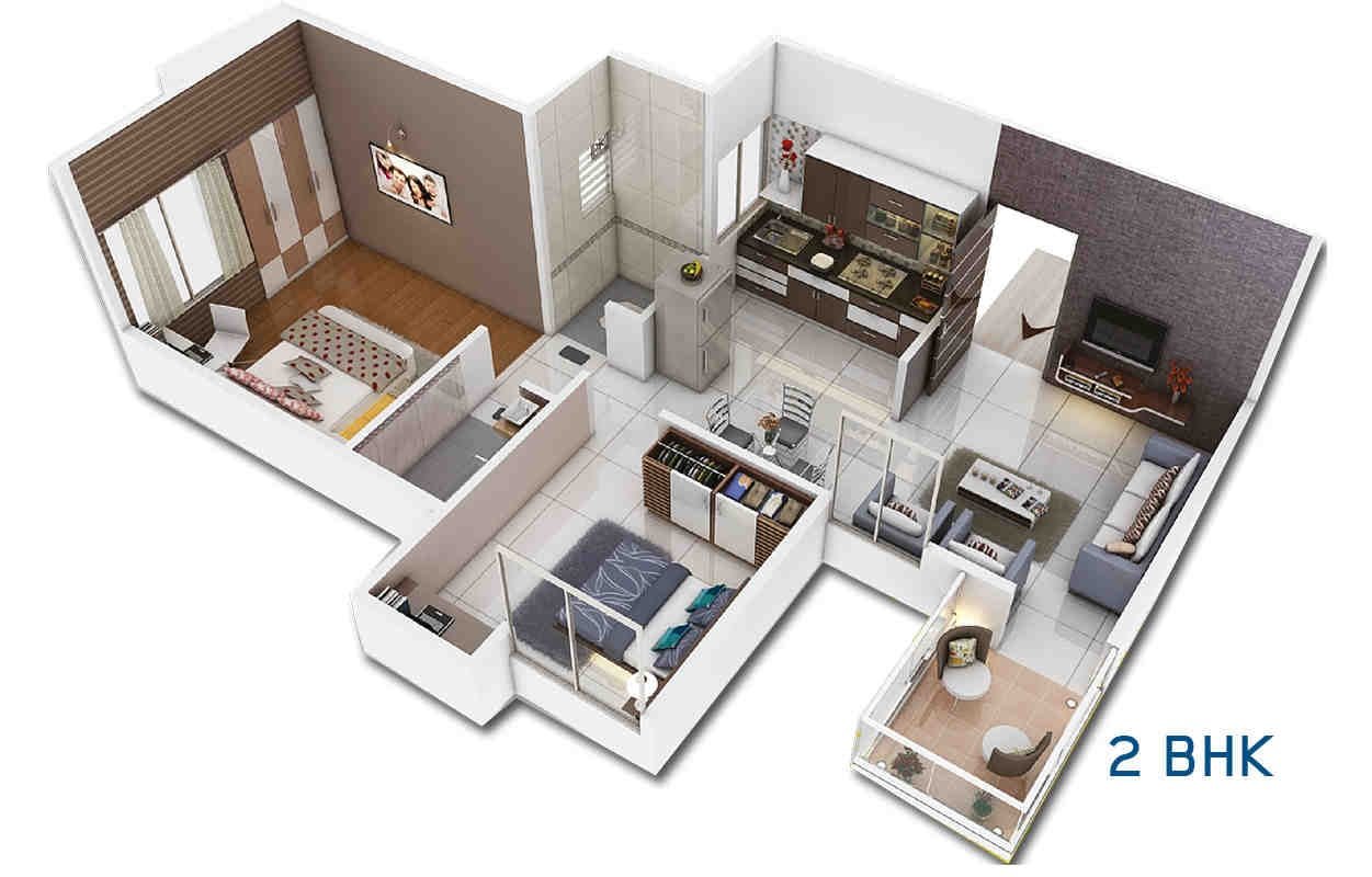 2 BHK floor plan, Pristine Purvrang