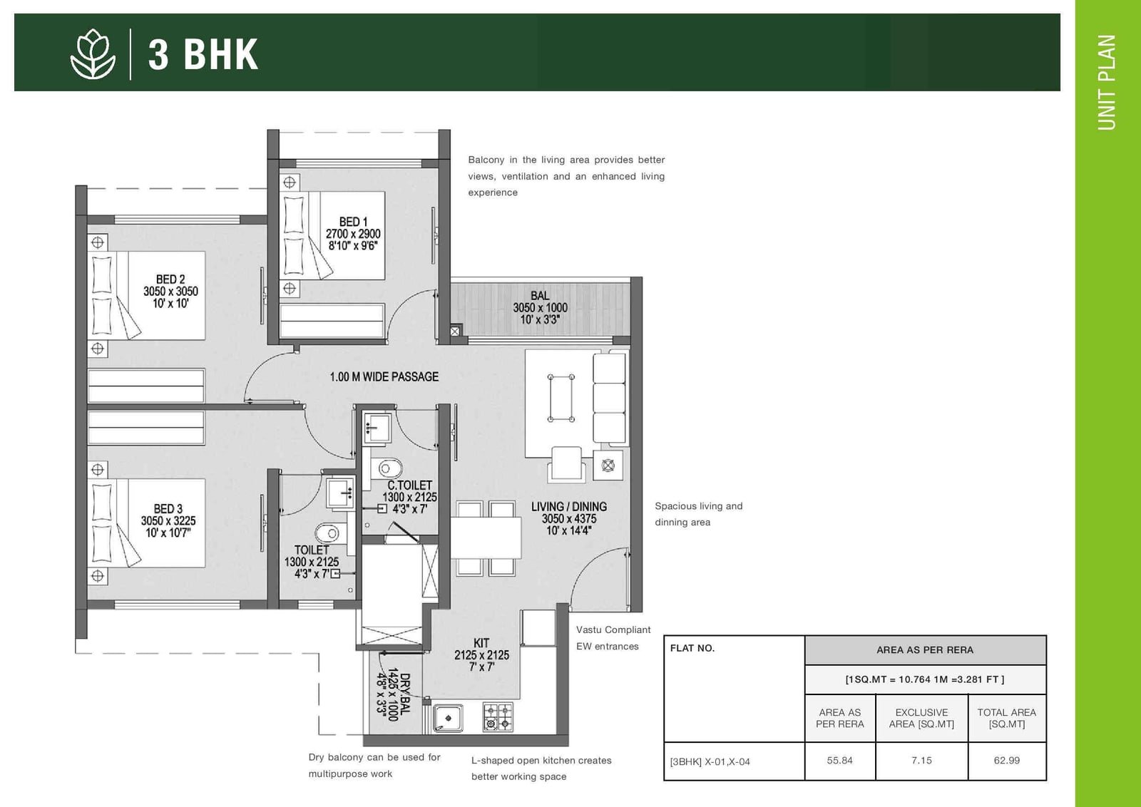 3 BHK floor plan, Godrej Central Park