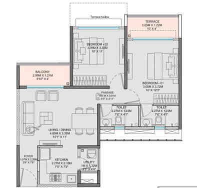2 BHK floor plan, Godrej Rivergreens
