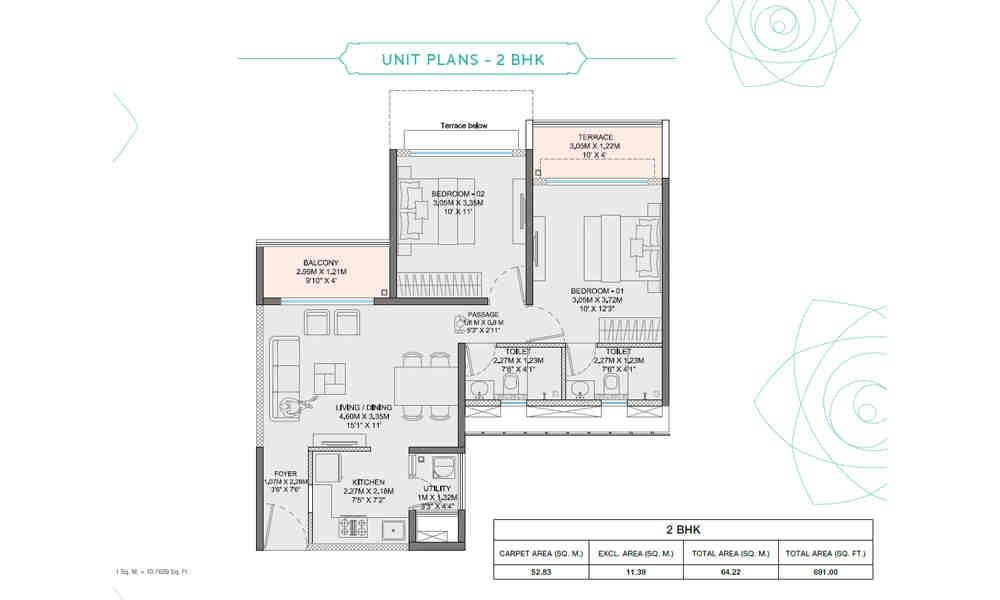 2 BHK floor plan, Godrej Rivergreens