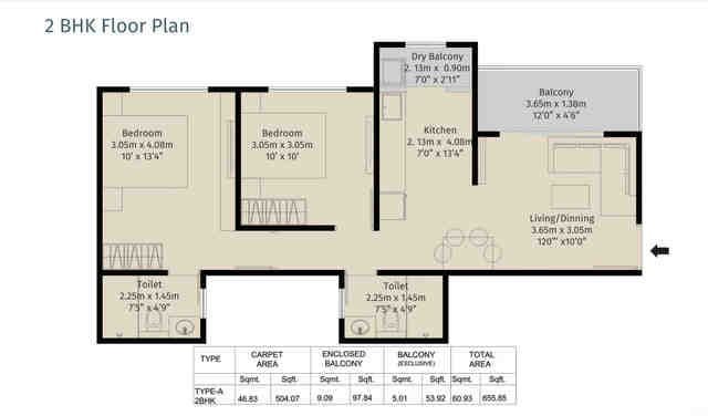 2 BHK floor plan, Kohinoor Sapphire 2