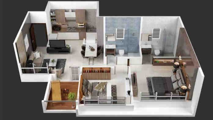 2 BHK floor plan, Kohinoor Coral