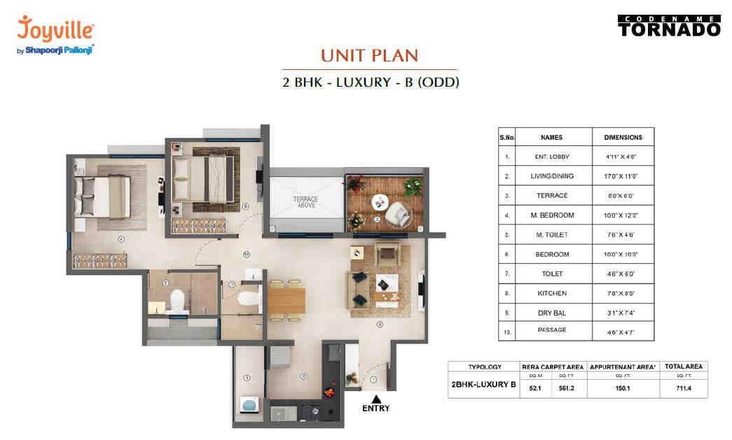 2 BHK floor plan, Shapoorji Pallonji Tornado