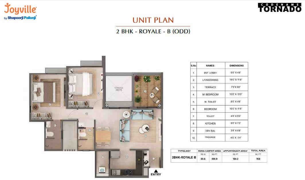 2 BHK floor plan, Shapoorji Pallonji Tornado