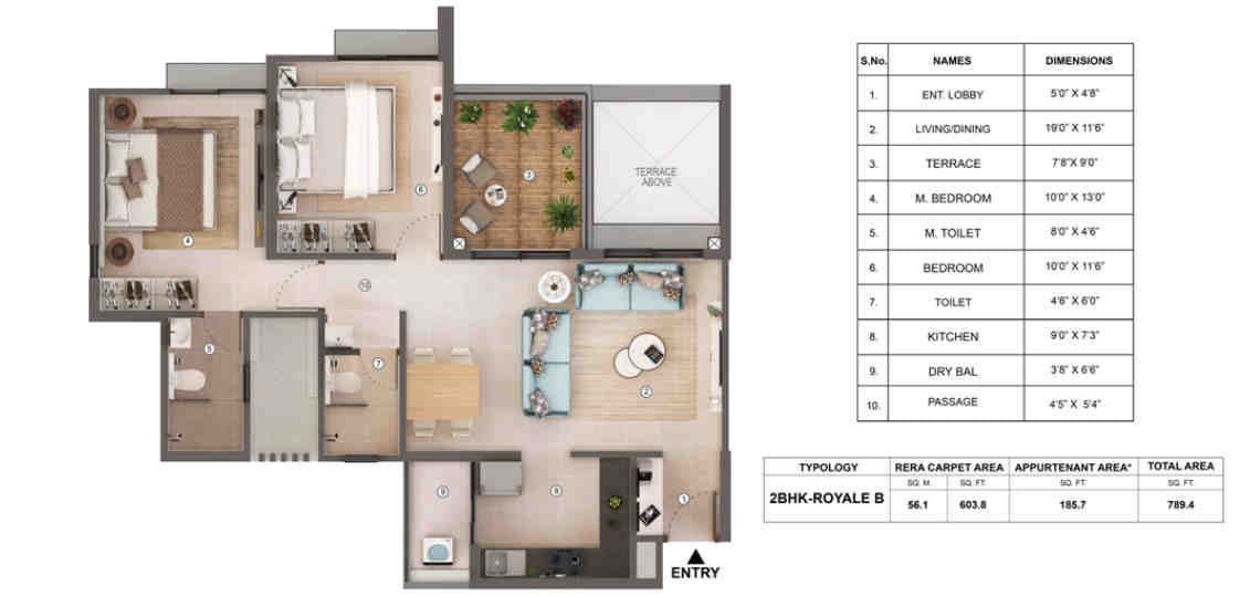 2 BHK floor plan, Shapoorji Pallonji Tornado