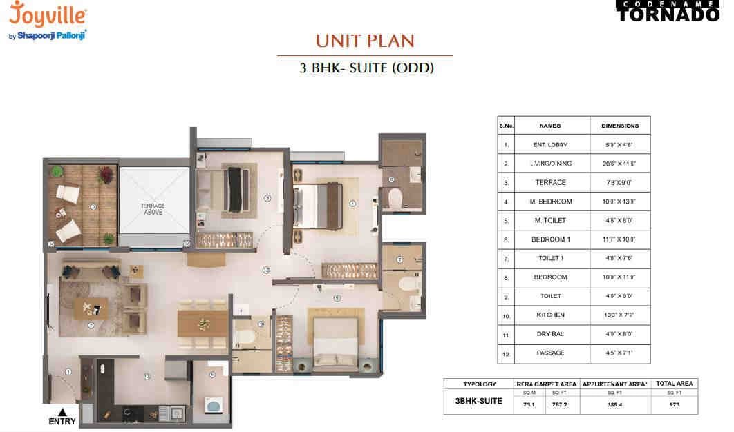 3 BHK floor plan, Shapoorji Pallonji Tornado