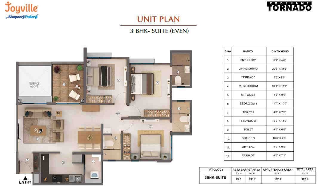 3 BHK floor plan, Shapoorji Pallonji Tornado