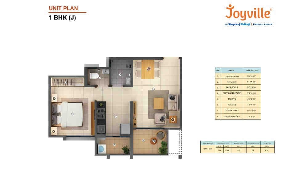 1 BHK floor plan, Shapoorji Pallonji Joyville Hadapsar Annexe