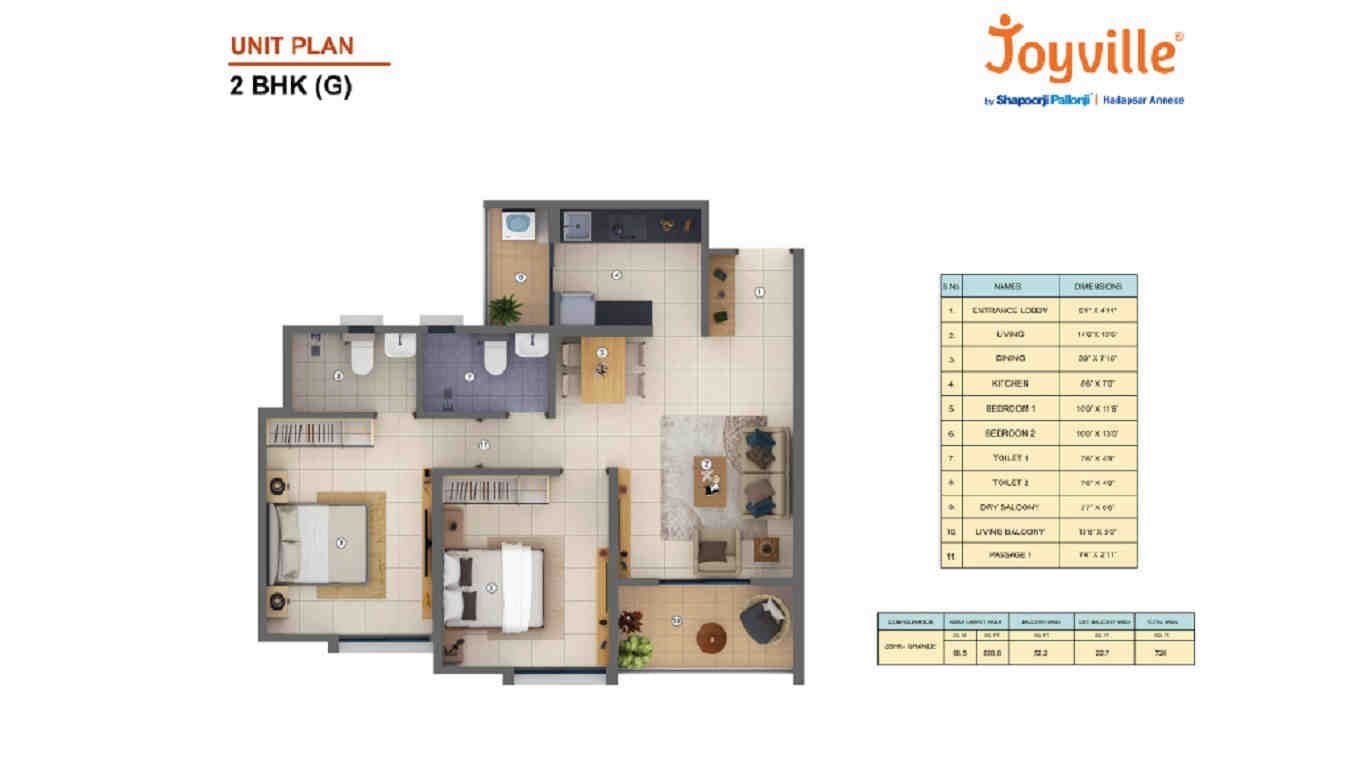 2 BHK floor plan, Shapoorji Pallonji Joyville Hadapsar Annexe