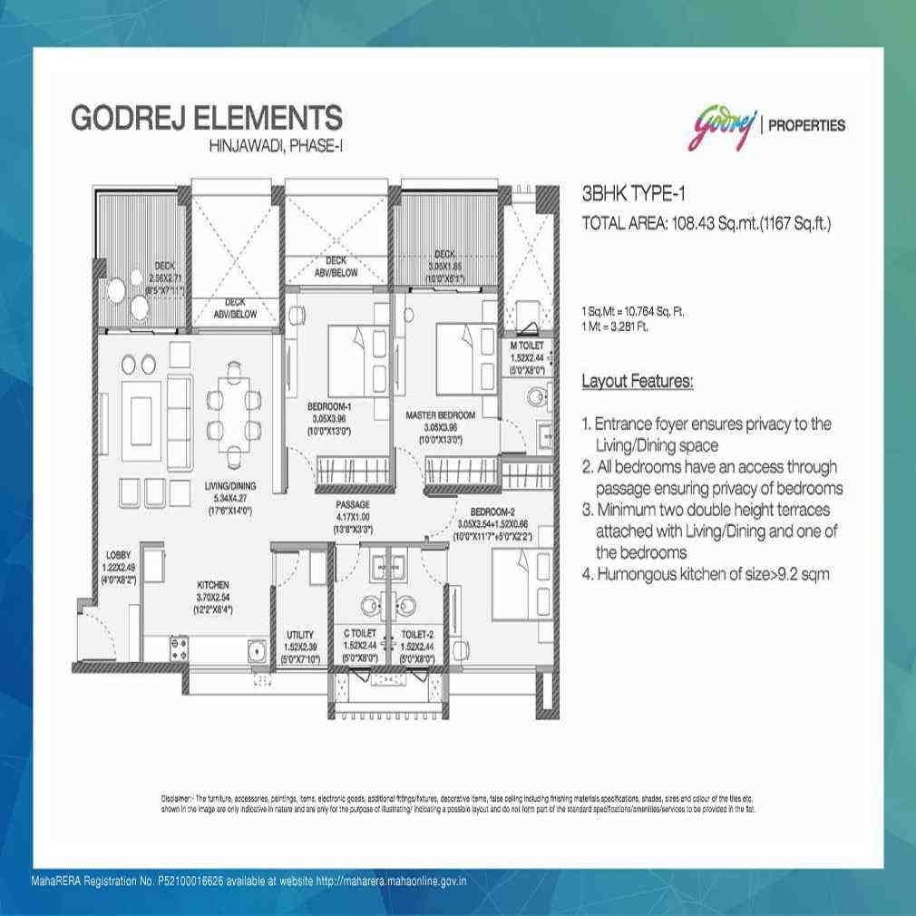 3 BHK floor plan, Godrej Elements