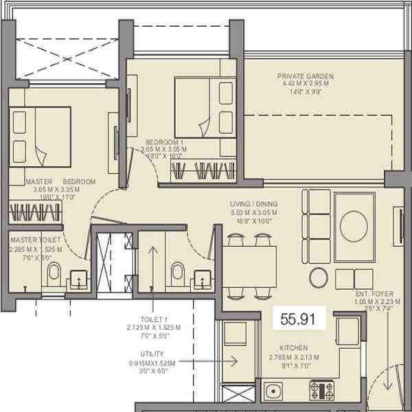 2 BHK floor plan, Godrej Rejuve