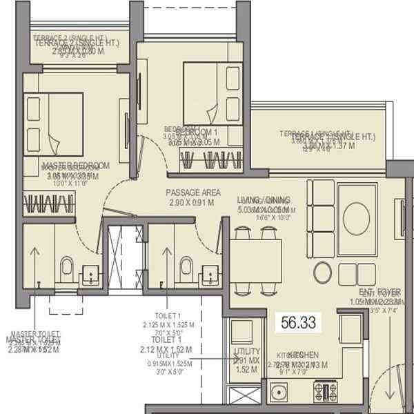 2 BHK floor plan, Godrej Rejuve