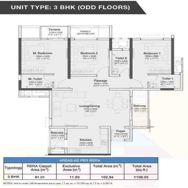 3 BHK floor plan, Godrej Nurture