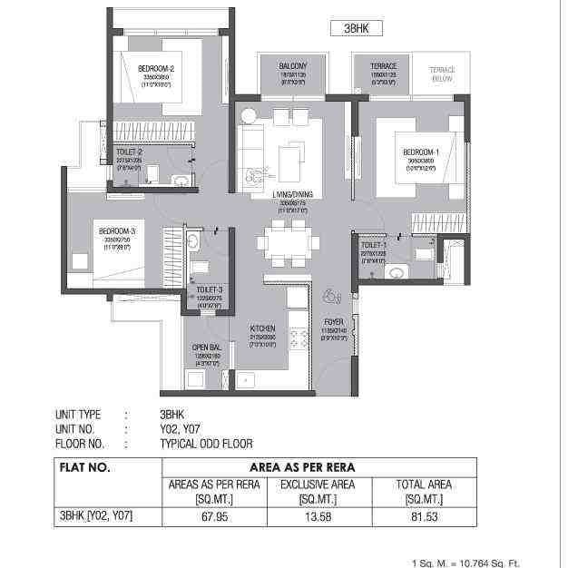 3 BHK floor plan, Godrej Hillside