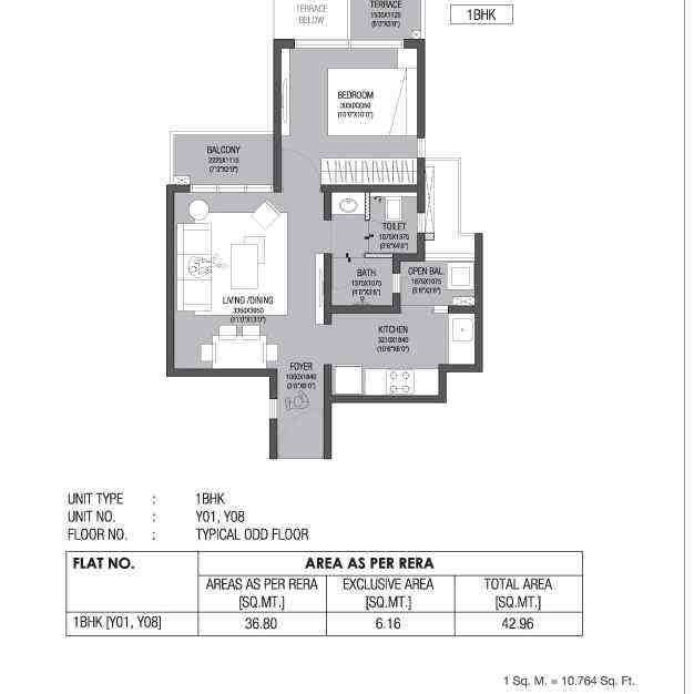 1 BHK floor plan, Godrej River Hills