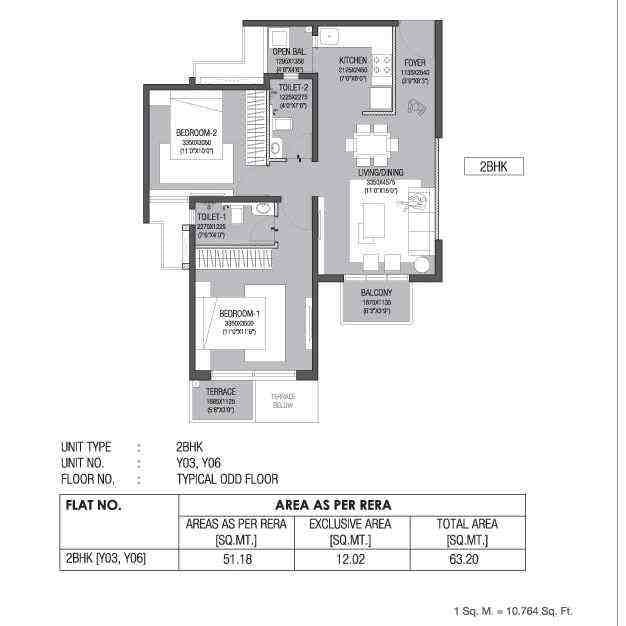 2 BHK floor plan, Godrej River Hills