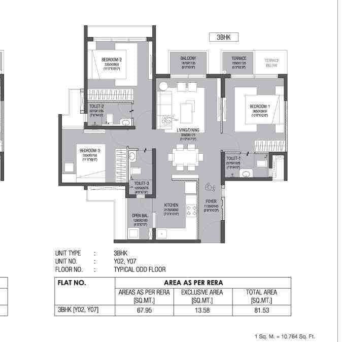 3 BHK floor plan, Godrej River Hills