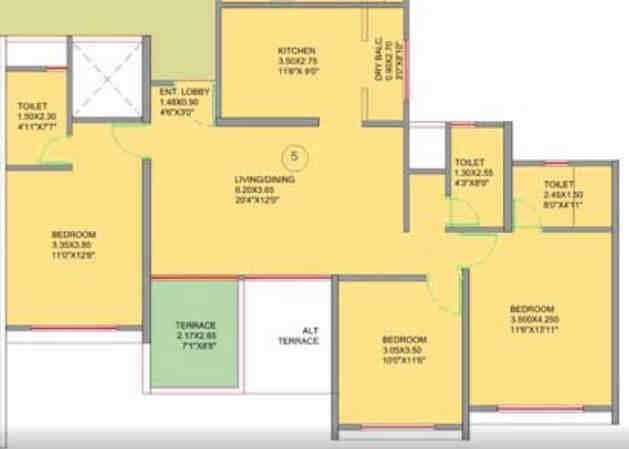 3 BHK floor plan, VTP Blue Waters