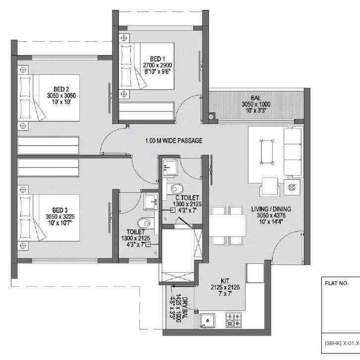 3 BHK floor plan, Godrej Park Greens