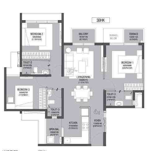 3 BHK floor plan, Godrej Azure Phase 3