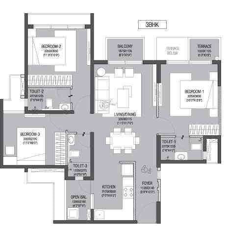 3 BHK floor plan, Godrej Azure Phase 3