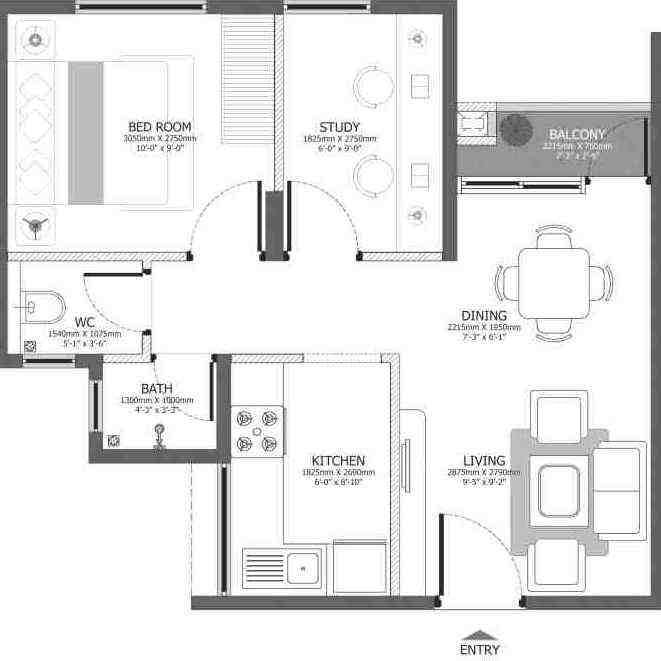 2 BHK floor plan, Godrej Azure