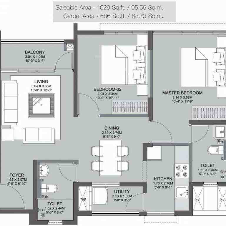 2 BHK floor plan, Godrej Azure