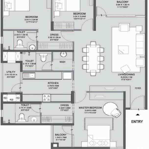 3 BHK floor plan, Godrej Azure
