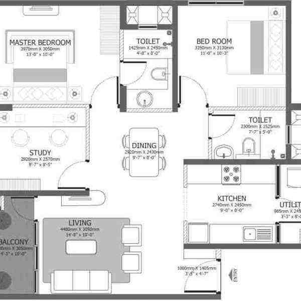 3 BHK floor plan, Godrej Azure