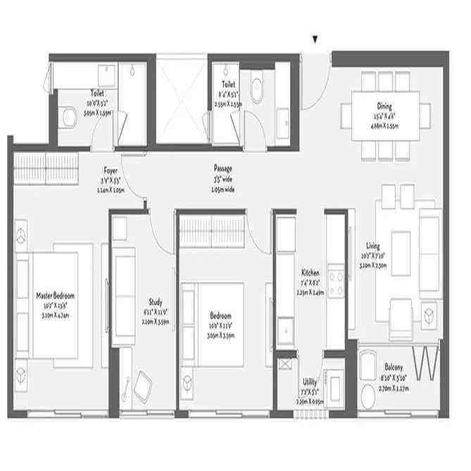 3 BHK floor plan, Godrej Origins
