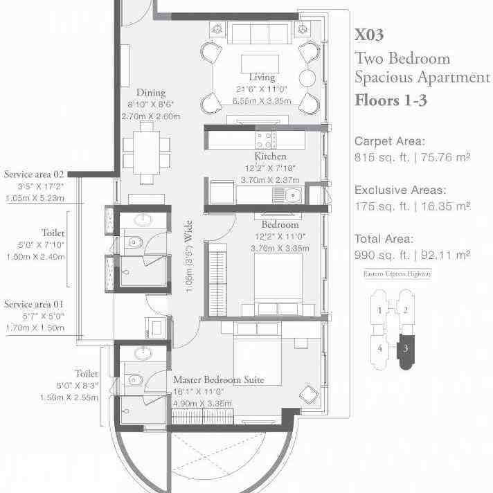 2 BHK floor plan, Godrej Platinum