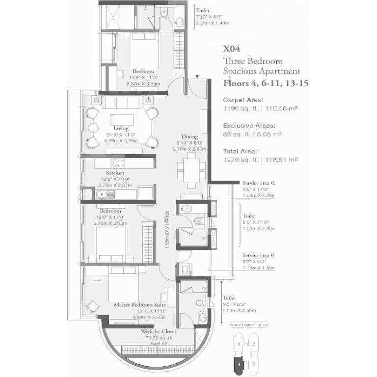3 BHK floor plan, Godrej Platinum