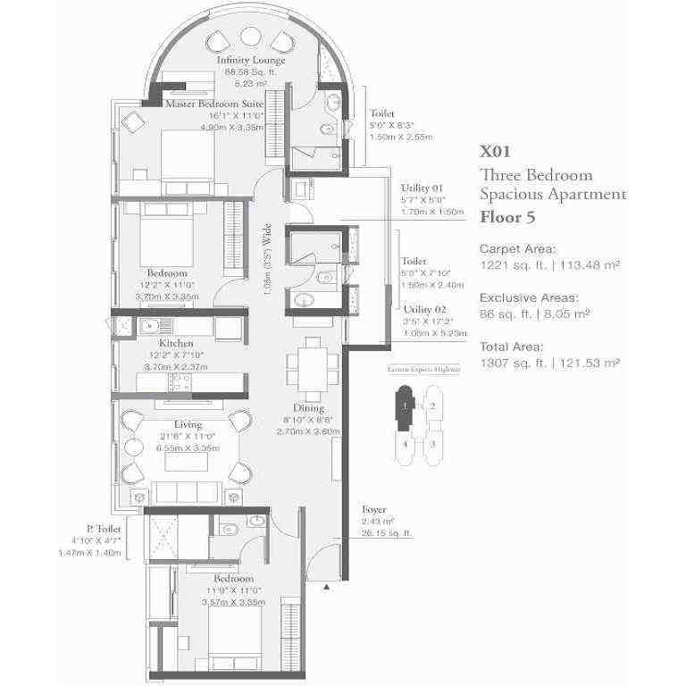 3 BHK floor plan, Godrej Platinum