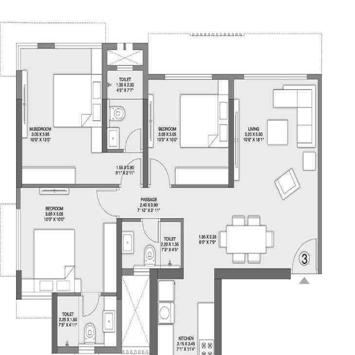 3 BHK floor plan, Godrej Central