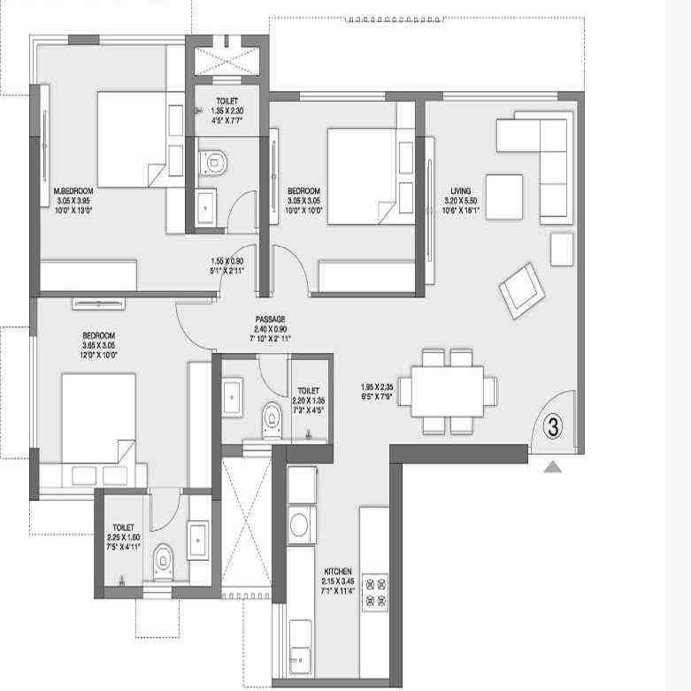 3 BHK floor plan, Godrej Central