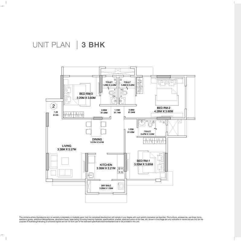 3 BHK floor plan, Godrej Prive