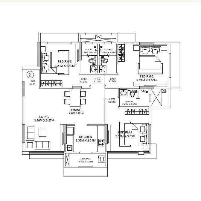 3 BHK floor plan, Godrej Prime