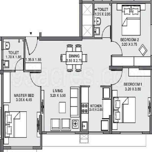 3 BHK floor plan, Godrej Tranquil