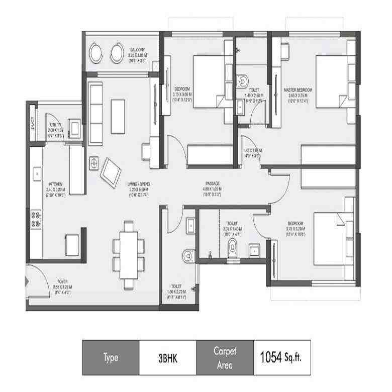 3 BHK floor plan, Godrej Woods