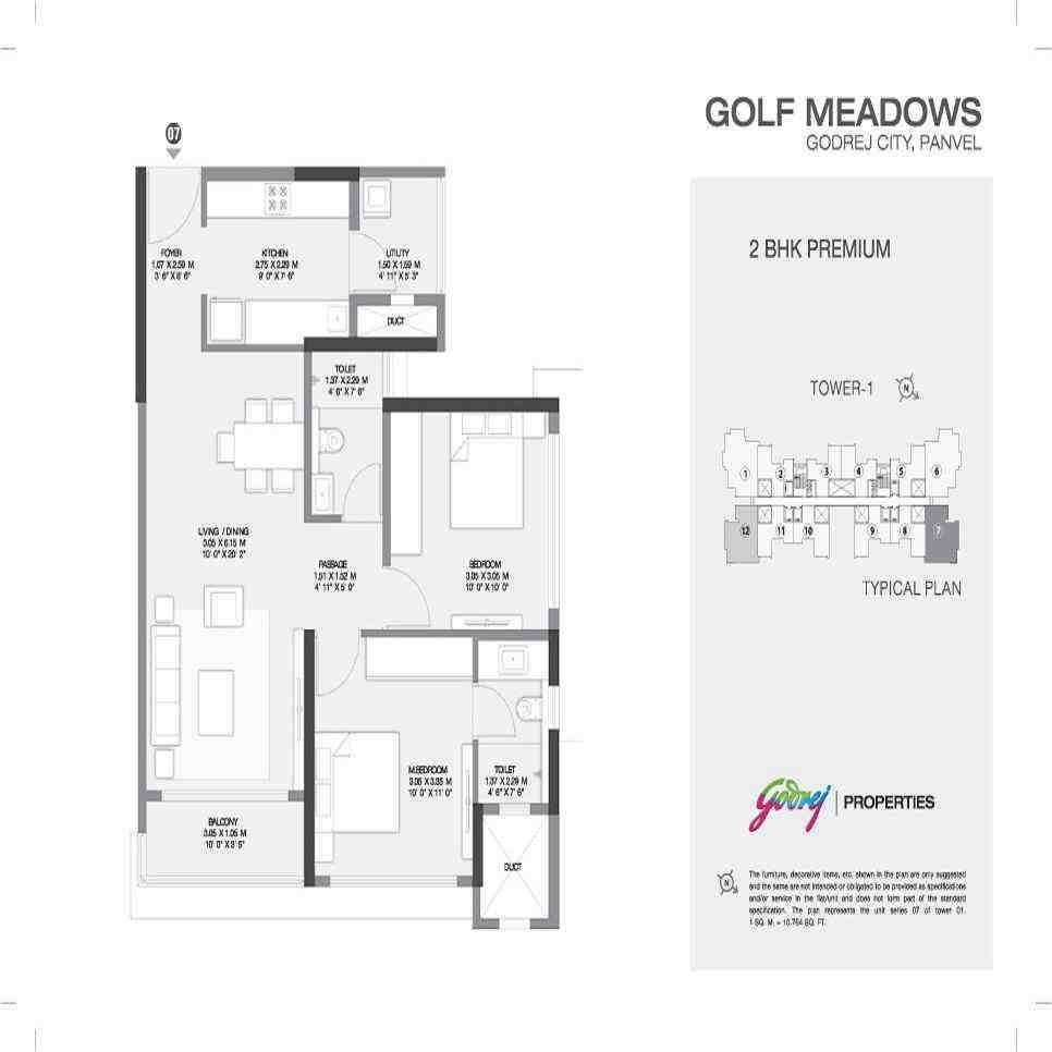 3 BHK floor plan, Godrej Golf Meadows