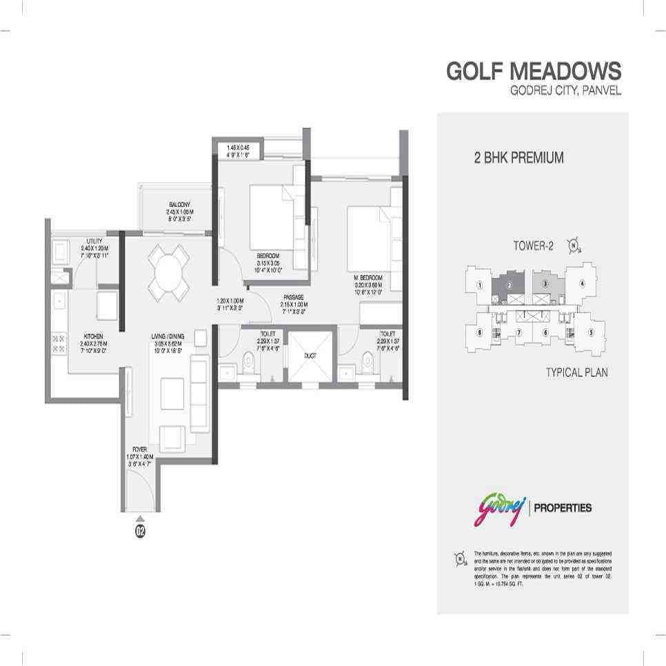 3 BHK floor plan, Godrej Golf Meadows
