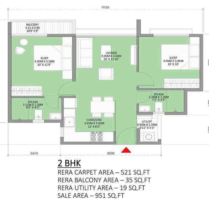 2 BHK floor plan, Godrej Royale Woods