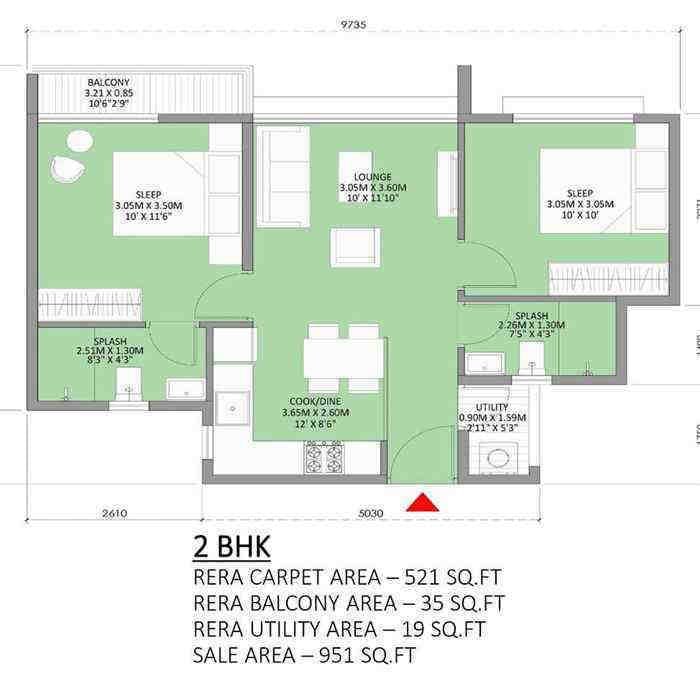 2 BHK floor plan, Godrej Royale Woods